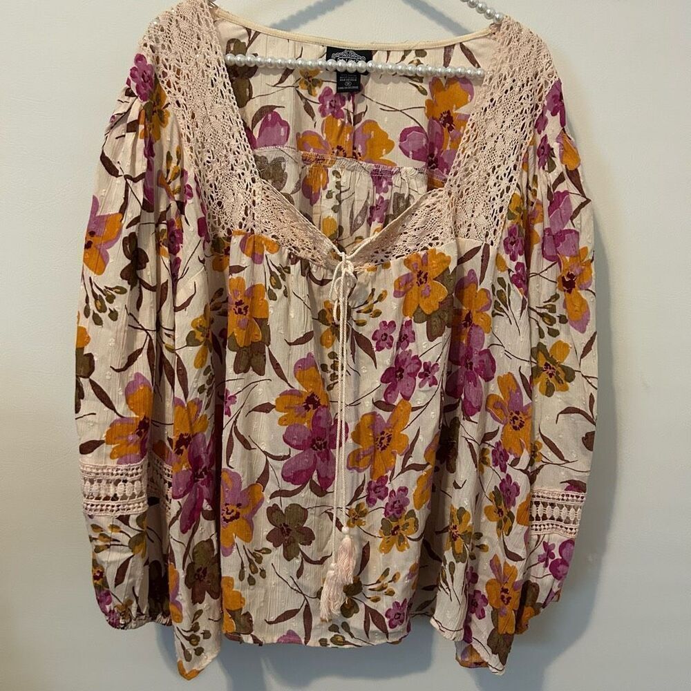 Angie top women’s 1X boho peasant crochet bloomcore lagenlook floral festival